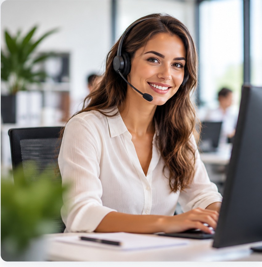Freundliche Ansprechpartnerin im Büro mit Headset